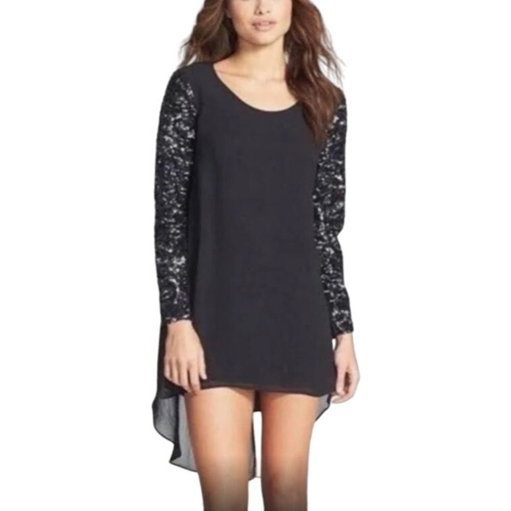 Dress the Population April Sequin Glitter Cocktail Chiffon Shift Dress S Black